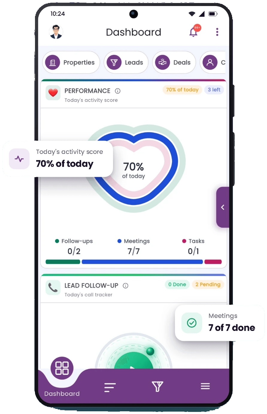 The app's dashboard: today's activity score, follow-ups, meetings and tasks